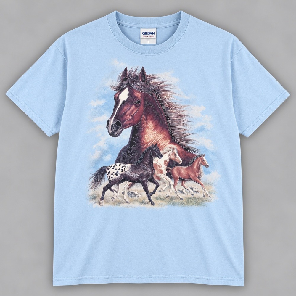 Vintage Hanes Heavyweight Horse Graphic T-Shirt Light Blue Large 50/50 Blend